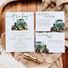 two farm themed baby shower cards on a wooden tray