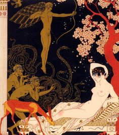 an art nouveau painting with women and animals