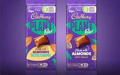 two packages of cadbury's almonds are pictured in this image, one is purple and the other is orange