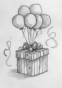 a pencil drawing of a present with balloons