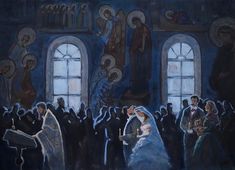 a painting of a bride and groom surrounded by other people