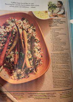 an article in the magazine shows carrots and rice on a plate with chopsticks