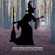 a silhouette of a witch holding a broom in the woods with an email bag on her shoulder