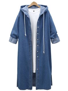 Long Denim Coat, Long Denim Jacket, Denim Midi Dress, Coat Outfit, Plus Size Coats, Outwear Jackets, Plus Size Jeans, Hooded Coat