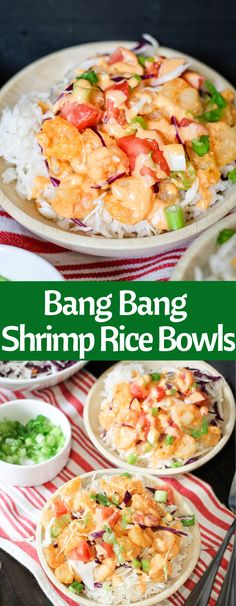 bang bang shrimp rice bowls with peas and carrots in the middle, on a red and white striped tablecloth