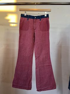 "1970s two tone flare jeans. All cotton. Missing pockets on the front and the back.  Measurements flat:  27\" Waist  9.5\" Rise  37\" Hip  30\" Inseam All sales final, please ask any questions you have before purchasing! Thank you!" Medium Wash Cotton Flare Pants, Medium Wash Cotton Flares, Medium Wash Cotton Flare Jeans, Mid-rise Medium Wash Cotton Flares, Mid-rise Cotton Flares In Medium Wash, Cotton Flare Jeans With Pockets, Red Wide-leg Denim Jeans, Red Wide Leg Cotton Jeans, Dark Wash Full Length Cotton Flares