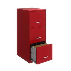 a red filing cabinet with two drawers on each side and an open drawer in the middle