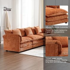 an orange couch sitting on top of a hard wood floor