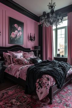 a bedroom decorated in pink and black with a chandelier hanging from the ceiling