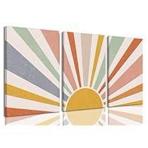 three canvases that have different colors and designs on them, each with a sun in the middle