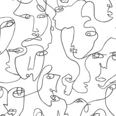 a line drawing of many faces in different shapes and sizes, with one being drawn to the side