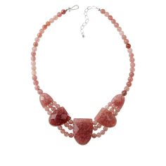 Jay King Sterling Silver Strawberry Quartz Necklace  The natural, translucent quality of the rare Brazilian pink quartz used in this bold, necklace design, makes this handcrafted gemstone piece a beautiful addition to any jewelry collection. From Jay King.       Necklace approx. 18"L x 5/16"W with 2-3/4" extender     Center drop approx. 1-7/16"L x 1-1/16"W     Stamped .925     Hook closure     Strawberry quartz necklace has large, tab-shaped faceted station in center of five-station drape     Sm Rose Quartz Faceted Beads Necklace Gift, Elegant Faceted Rose Quartz Necklace, Elegant Rose Quartz Faceted Necklace, Gift Rose Quartz Necklace With Faceted Beads, Rose Quartz Gemstone Necklaces With Round Beads, Pink Stone Necklace With Adjustable Fit, Adjustable Pink Stone Necklace, Adjustable Rose Quartz Gemstone Necklace, Adjustable Pink Necklace With Stones