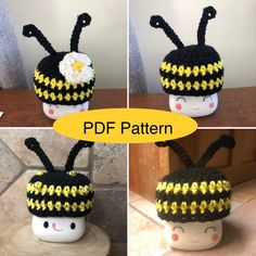 three pictures of a crocheted bee hat