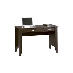 a computer desk with two drawers and a laptop sitting on it's top shelf