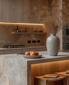 a bowl of fruit is sitting on the counter in this modern kitchen with wooden cabinets