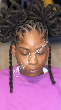 Two Buns Locs Hairstyle, Retwist Locs Style Ponytail, Petal Bun Loc Styles, Barrel Twist Into Ponytail Locs, Petal Loc Styles, Dreadlock Petals Loc Hairstyles, Petal Bun Locs, How To Style Dred Lock, Two Strand Twist Loc Petals