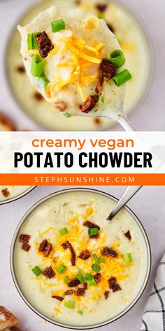 Vegan potato chowder in a bowl and on a spoon, topped with vegan cheddar, vegan sour cream, sun-dried tomatoes, and green onions; text says, "creamy vegan potato chowder." Corn Chowder With Potatoes, Vegan Corn Chowder, Vegan Potato Soup, Potato Corn Chowder, Refined Sugar Free Recipes, Potato Chowder, Corn Chowder Recipe, Creamy Potato Soup, Vegan Soup Recipes