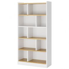 a white bookcase with wooden shelves on the top and bottom shelf is shown in front of a white background