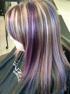 Purple Hair With White Streaks, Multicolored Hair Highlights, Hair Ideas For Blondes Color, Purple Skunk Highlights, Purple And Blonde Hair, Purple Hair Highlights, Grey Hairstyles, Hair Color Streaks