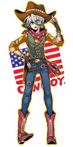 a drawing of a cowboy with an american flag in the background and words on it