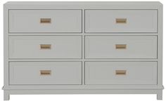 a white dresser with six drawers and gold pulls on the bottom drawer, against a white background