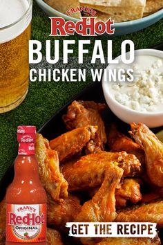 red hot buffalo chicken wings are served with beer and cottage cheese for a game day appetizer