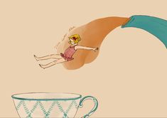 an illustration of a woman floating in the air next to a coffee cup