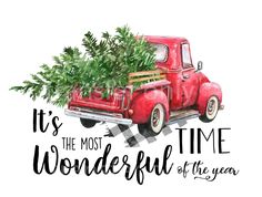 an old red truck with a christmas tree in the back and it's the most wonderful