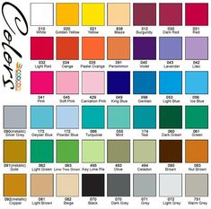 color chart with the names and colors