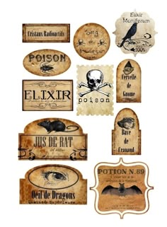 some old fashioned labels and stickers on a white background with the words harry potter written in