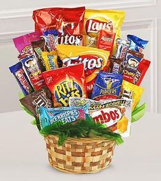 a basket filled with lots of candy and candies