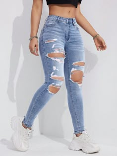 Women's Skinny Ripped Jeans Blue    Denim Plain Skinny High Stretch  Women Clothing, size features are:Bust: ,Length: ,Sleeve Length: Womans Ripped Jeans, Ripped High Waist Fitted Jeans, Jeans For School, Ripped Light Wash Full-length Jeans, Cut Up Jeans, Ripped Jeans Size 10-12, Non-stretch Ripped Blue Jeans, Plus Size Ripped Jeans, Rip Jeans