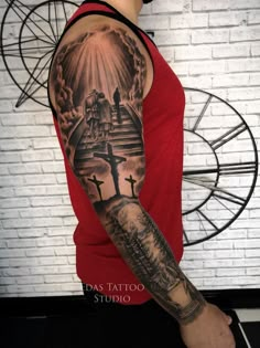 Half Sleeve Bicep Tattoo For Men, Jesus Arm Tattoo Sleeve, Reglious Tattoos Sleeve, Christian Half Sleeve Tattoo, Inside Bicep Tattoo Men Half Sleeves, Christian Leg Sleeve Tattoos, Memorial Sleeve Tattoo For Men, Christian Tattoo Sleeve Ideas For Men, God Sleeve Tattoos For Men