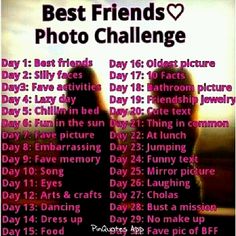 the poster for best friends photo challenge is shown in pink and black with two silhouettes