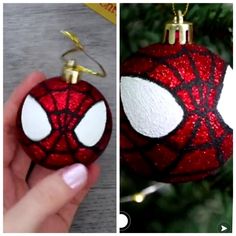 a hand holding a spiderman ornament in front of a christmas tree and another photo