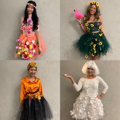 four women dressed up in costumes with flowers on their heads and dresses made to look like they're from the 80s