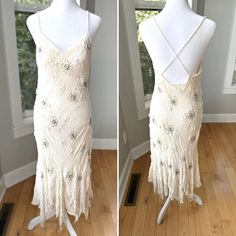 two pictures of a dress on display in front of a window