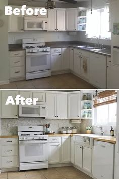 before and after pictures of a kitchen remodel with white cabinets, wood floors and tile flooring