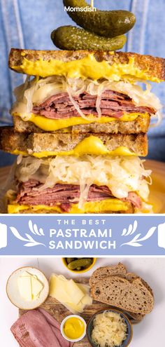 the sandwich is stacked high on top of each other with cheese, meat and pickles