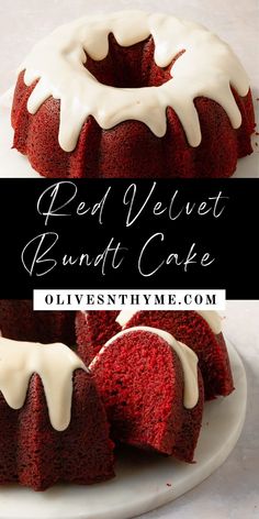 a red velvet bundt cake with white icing