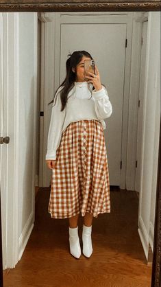 Trendy Modest Outfits Plus Size, Casual Fall Dress 2023, Dresses And Sweaters Layering, March Church Outfits, Cottagecore Valentines Day Outfit, Modest Fashion Outfits Fall, Sweater Over Dress Outfit Spring, Modest Womens Fashion Casual, Dress Under Sweater Outfit