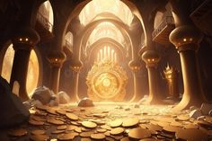 Fantasy world of gold mine or old treasure cave royalty free stock image Fantasy Mine, Fantasy Mining City, Gold Miner Art, Gold Mine Illustration, Gold Miner Illustration, Treasure Cave Concept Art, Cave Temple Fantasy Art, Dwarven City, Gold Mining