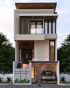 a car is parked in front of a two story house with balconies on the second floor