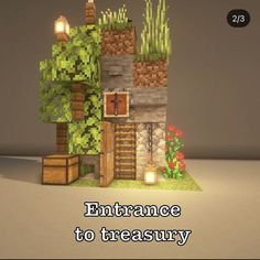 an image of a small house made out of lego blocks with the words, entrance to treasures