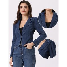 This notched lapel collar adds a stylish and structured element to this denim blazer. This jean jacket features a timeless denim fabric, giving it a classic and versatile look. It elevates the overall look and creates a more tailored and polished appearance. It can be worn over dresses, paired with skirts or pants, or even layered under coats for added warmth. Blue Single-breasted Denim Jacket With Lapel Collar, Blue Single Breasted Denim Jacket With Lapel Collar, Denim Blue Single-breasted Outerwear With Lapel Collar, Denim Blue Single Breasted Jacket With Lapel Collar, Denim Blue Single Breasted Outerwear With Lapel Collar, Fitted Denim Jacket With Lapel Collar, Fitted Cotton Denim Jacket With Lapel Collar, Spring Denim Jacket With Notch Lapel And Button Closure, Denim Notch Lapel Outerwear With Button Closure