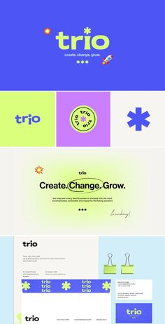 the website design for trio is shown in blue, green and purple