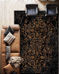 an overhead view of a living room with couches and rugs