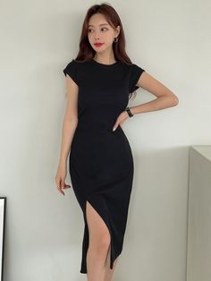 Preto Casual Collar Manga boné Tecido Simples Bodycon Embellished Elasticidade Média Slim Fit Dress Casual, Short Noir, Long Midi Dress, Black Short Dress, Black Bodycon Dress, Floral Dress Summer, Fabric Medium, Dress With Cardigan, Womens Midi Dresses