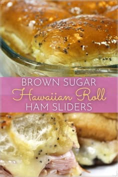 hawaiian roll ham sliders on a plate with text overlay that reads hawaiian roll ham sliders