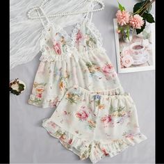 Worn Once - Basically Brand New Sheer Cream/White Set With Floral Designs Lace Trim And Bow On Top Ruffles On Bottoms Super Comfy And Airy Floral Pyjamas, Cute Pj Sets, Elegant Pajamas, Pj Ideas, Pajama Sets For Women, Lace Pajamas, Cute Sleepwear, Cute Pajama Sets, Floral Pajamas